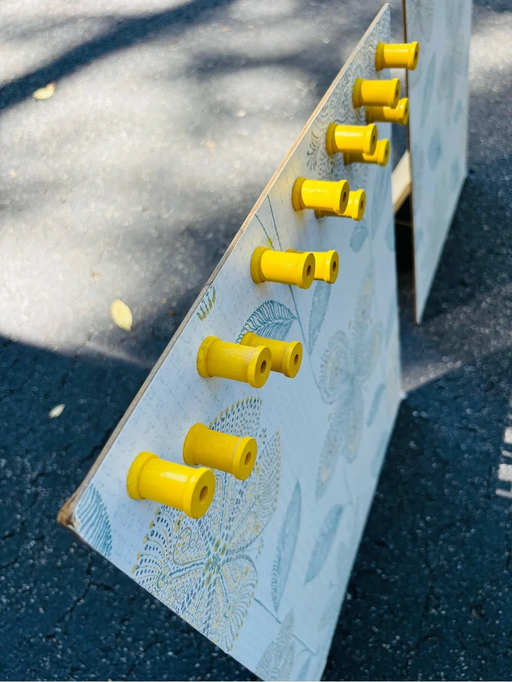 Jewelry Display, Floral Pattern Yellow Hook Panel in Teal and Gold.